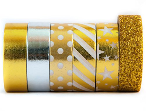 7181031257090 - GLITTER GOLD COLORED WASHI DECORATIVE MASKING PAPER TAPE - STRIPE, STAR, SOLID, POLKA DOT, SILVER, GOLD, YELLOW - PREMIUM QUALITY REPOSITIONABLE - 6 ROLLS (15MM X 10M) BY WASHI.DESIGN (GLITTER GOLD)
