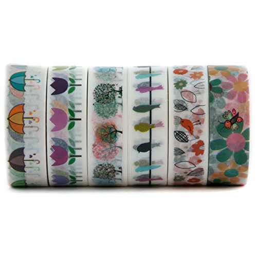7181031257168 - 6 ROLLS OF NATURE THEMED DECORATIVE WASHI MASKING TAPE - FOR ART, SCRAPBOOK AND DECORATION PROJECT - BIRDS, TREE, UMBRELLA, FLOWER, GREEN, TEAL, RED, PINK - (15MM X 10M) - BY WASHI.DESIGN (EARLY BIRD)