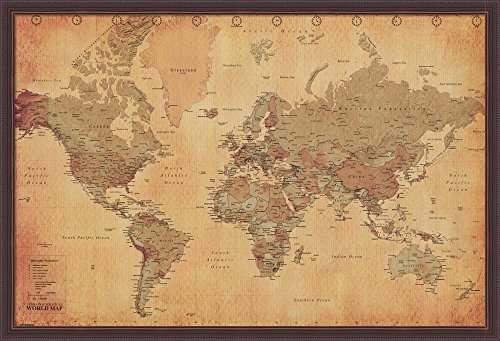 0718117800450 - WORLD MAP VINTAGE STYLE FRAMED FINE ART PRINT WITH BROWN VALUE LINE FRAME AND CLEAR STYRENE IMAGE COVER, FINISHED SIZE 38 INCHES X 26 INCHES
