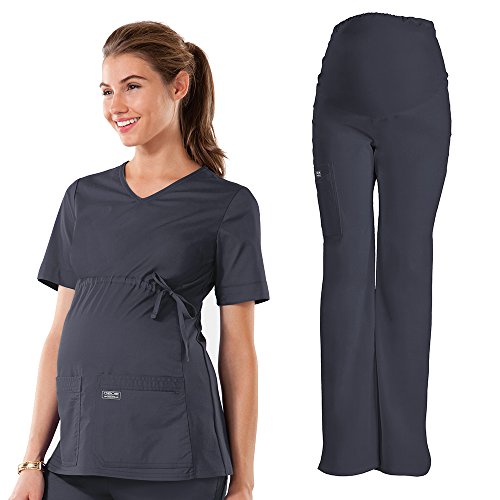 0718179839986 - CHEROKEE WORKWEAR STRETCH MATERNITY V-NECK KNIT PANEL TOP 4708 AND CHEROKEE WORKWEAR STRETCH MATERNITY KNIT WAIST PULL ON PANT 4208 (PEWTER - SMALL)