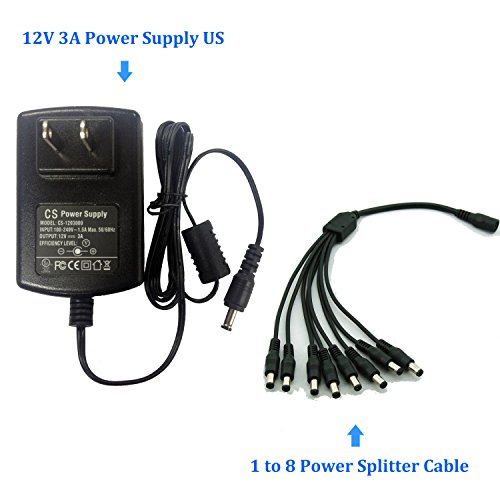 0718520205057 - AC TO DC 12V 3A 12V3A POWER ADAPTER SUPPLY SWITHING W/ 1 TO 8 SPLITTER SPLIT CABLE PIGTIAL FOR CAMERAS DVR NVR LED LIGHT STRIP DC5.5*2.1MM UL LISTED FCC