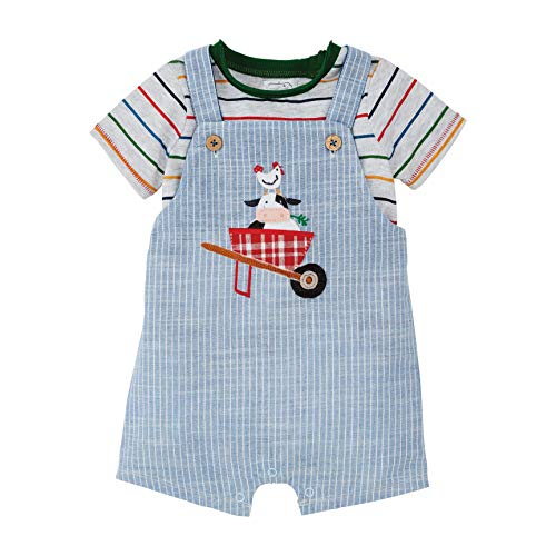 0718540675427 - MUD PIE BABY BOYS COW TICKING OVERALL SET, BLUE, 0-3 MONTHS