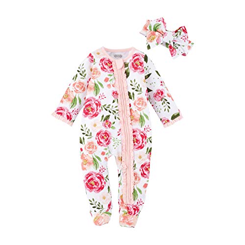 0718540678923 - MUD PIE BABY GIRLS LARGE FLORAL SLEEPER AND HB, PINK, 0-3 MONTHS
