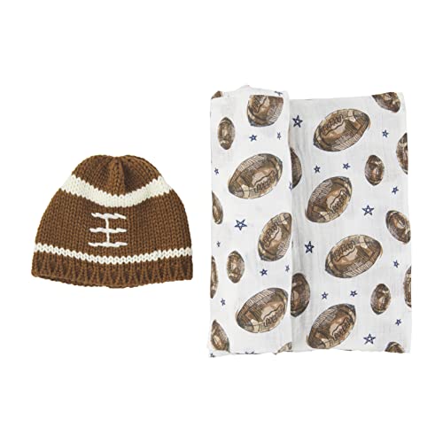 0718540803851 - MUD PIE BABY BOY FOOTBALL SWADDLE AND HAT SET, BLUE, 0-6 MONTHS