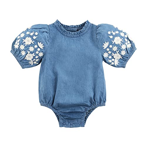 0718540830734 - MUD PIE BABY GIRL EMBROIDERED DENIM BUBBLE, BLUE, 6-9M