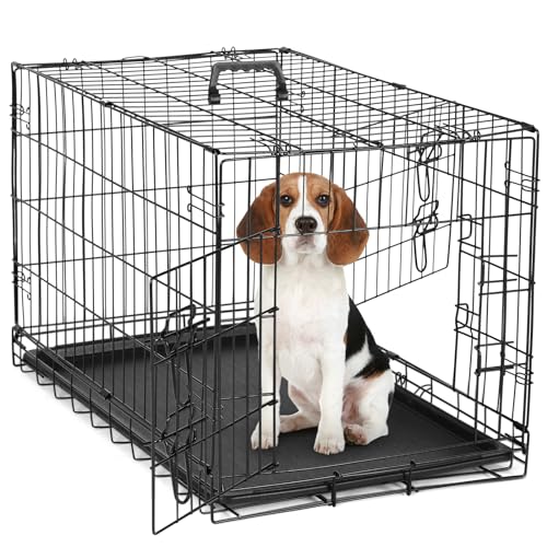 0718550757106 - OLIXIS DOG CRATE, 30 INCH MEDIUM DOUBLE DOOR DOG CAGE WITH DIVIDER PANEL AND PLASTIC LEAK-PROOF PAN TRAY, FOLDING METAL WIRE PET KENNEL FOR INDOOR, OUTDOOR, TRAVEL