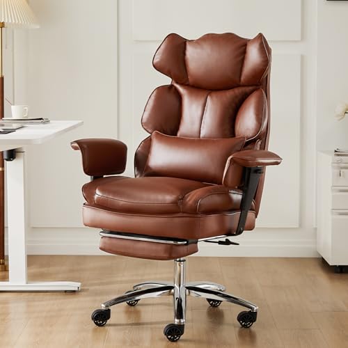 0718550758578 - DUMOS EXECUTIVE HOME OFFICE DESK CHAIR ERGONOMIC BIG TALL HIGH BACK WITH FOOTREST & LUMBAR SUPPORT, RECLINING HEIGHT ADJUSTABLE COMFY PU LEATHER COMPUTER GAMING WITH SWIVEL WHEELS, BROWN
