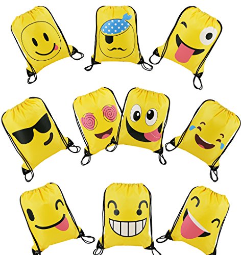 0718930352143 - CUTE EMOJI CARTOON DRAWSTRING BACKPACK BAGS FOR KIDS GIRLS AND BOYS 10 PACK, GIFT TREAT GOODY BIRTHDAY PARTY FAVOR BAGS