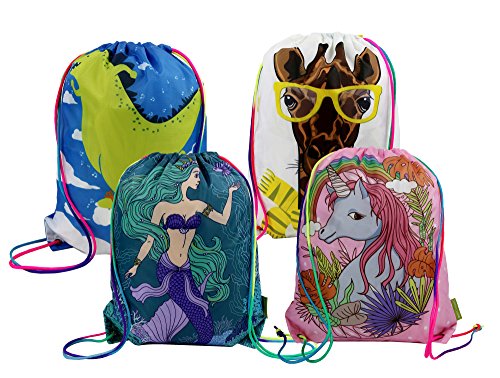 0718930352174 - BEEGREEN KIDS DRAWSTRING BACKPACK GYM BAG 4 PACK W DIFFERENT DESIGNS ON 2 SIDES AND UNIQUE RAINBOW ROPES, WATERPROOF RIPSTOP POLYESTER FABRIC