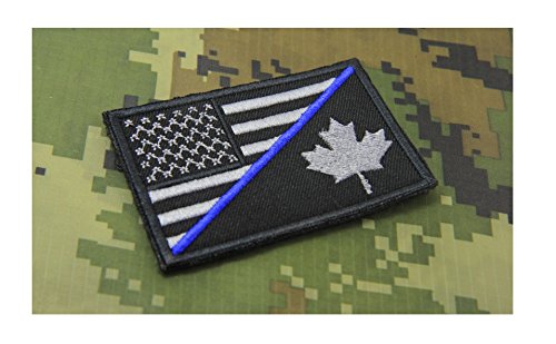 0720066798801 - THIN BLUE LINE AMERICAN FLAG ,CANADA FLAG EMBROIDERED MORALE PATCH HOOK BACKING (9X5.5CM)
