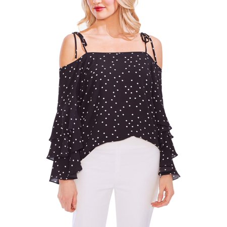0720655405288 - VINCE CAMUTO WOMENS SCATTERED POLKA DOT OFF-THE-SHOULDER BLOUSE BLACK XXS