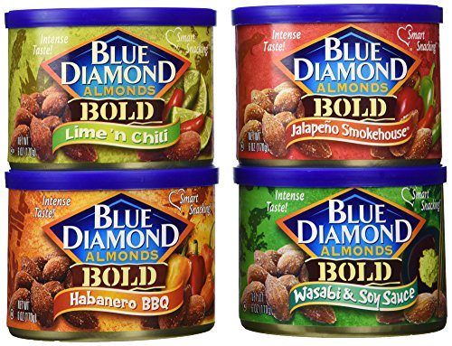0720825772103 - BLUE DIAMOND ALMONDS BOLD VARIETY PACK OF 4 X 6OZ CANS LIME 'N CHILI, HABANERO BBQ, JALAPENO SMOKEHOUSE, WASABI & SOY SAUCE