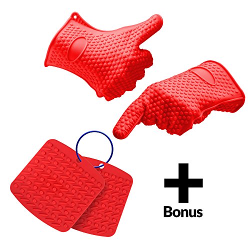 0721371221756 - SILICONE HEAT RESISTANT COOKING, OVEN GLOVES FOR BBQ, GRILLING, BAKING, POTHOLDER, + - BONUS - HOT PADS TO PROTECT COUNTERTOPS AND TABLES