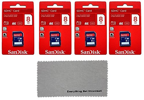 0721405603374 - 4 PACK SANDISK 8 GB CLASS 4 SD HC FLASH MEMORY CARD RETAIL - WITH EVERYTHING BUT STROMBOLI (TM) MICROFIBER CLEANING CLOTH