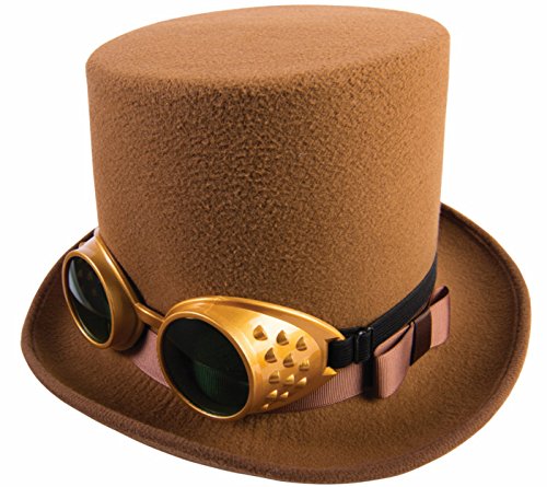 0721773753275 - STEAMPUNK BROWN TOP HAT WITH GOLD GOGGLES