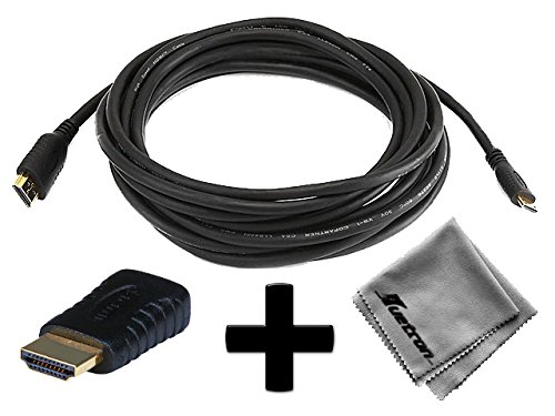 0721802949334 - PANASONIC HX-DC3 COMPATIBLE 15FT HDMI® TO HDMI® MINI CONNECTOR CABLE CORD PLUS HDMI® MALE TO HDMI® MINI FEMALE ADAPTER WITH HUETRON MICROFIBER CLEANING CLOTH