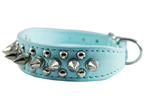 0722301220030 - 8-10 CYAN FAUX LEATHER SPIKED STUDDED DOG COLLAR 7/8 WIDE FOR SMALL/X-SMALL BREEDS AND PUPPIES
