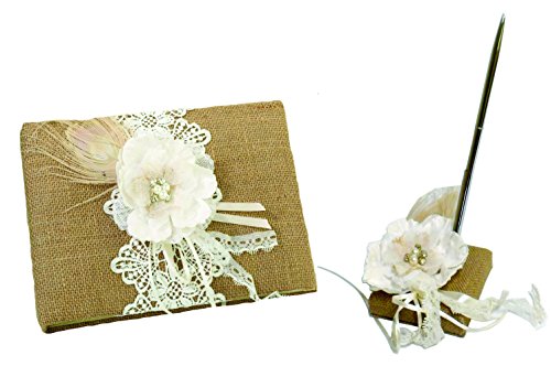 0722306787958 - LILLIAN ROSE BURLAP AND LACE GUEST BOOK AND PEN