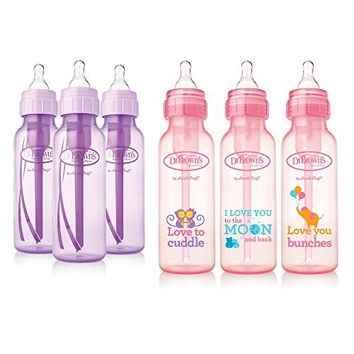 0072239307656 - DR. BROWN'S BABY BOTTLES GIRLS 6 PACK - 3 (8 OZ) LAVENDER AND 3 (8 OZ) PINK BOTTLES WITH NEW PRINT