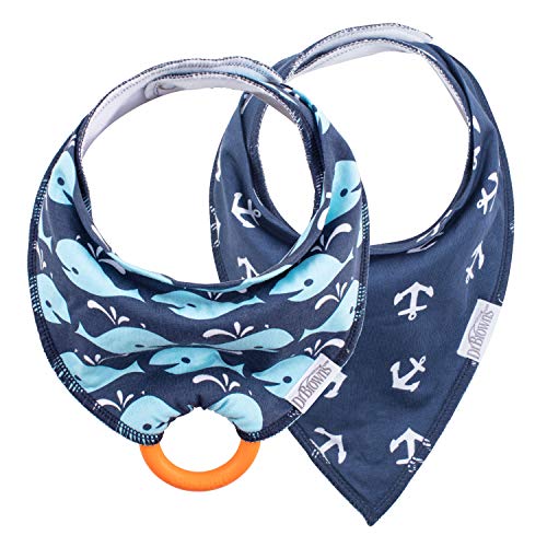 0072239314159 - DR. BROWNS SUPER SOFT & ABSORBENT BABY BANDANA BIB WITH SNAP-ON TEETHER, 3M+, 2-PACK, NAVY WHALES & ANCHORS