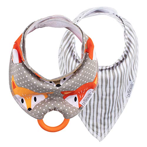 0072239315163 - DR. BROWNS SUPER SOFT & ABSORBENT BABY BANDANA BIB WITH SNAP-ON TEETHER, 3M+, 2-PACK, FOX & STRIPES