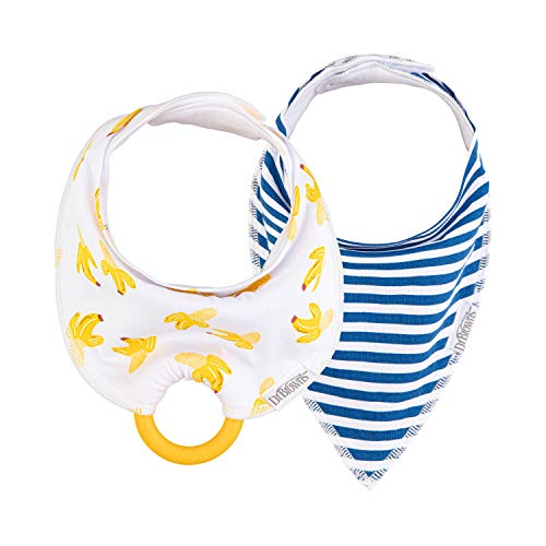 0072239323502 - DR. BROWNS SUPER SOFT & ABSORBENT BABY BANDANA BIB WITH SNAP-ON TEETHER, 3M+, 2-PACK, NAVY STRIPES & BANANAS