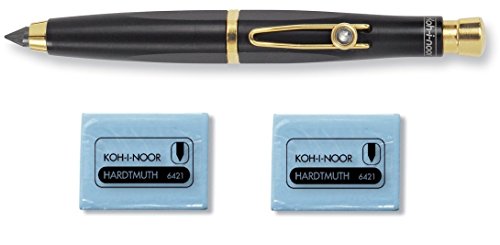 0722460430738 - HIGHEST QUALITY MECHANICAL PENCIL KOH-I-NOOR 5,6MM LEAD BLACK&GOLD WITH SHARPENER BULIT IN PUSHBUTTON + 2 ERASER MADE OF NATURAL RUBBER LATEX