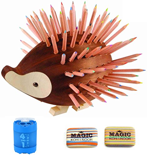 0722460430899 - KOH-I-NOOR CUTE WOODEN HEDGEHOG PENCILS HOLDER DESK ORGANIZER WITH 77 COLORED PENCILS + 2 MAGIC ERASERS + SHARPENER 4 IN 1 ( PERFECT GIFT FOR KIDS AND YOUNG ARTISTS )