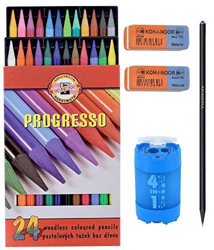 0722460430943 - KOH-I-NOOR SET OF PROGRESSO WOODLESS COLOURED PENCILS (SET OF 24) + 2 ERASERS + SHARPENER 4 IN 1 + GIFT YURISTORE PENCIL WITH JEWELL
