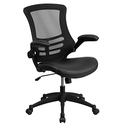 0722651254327 - MID-BACK BLACK MESH SWIVEL TASK CHAIR WITH LEATHER PADDED SEAT AND FLIP-UP ARMS