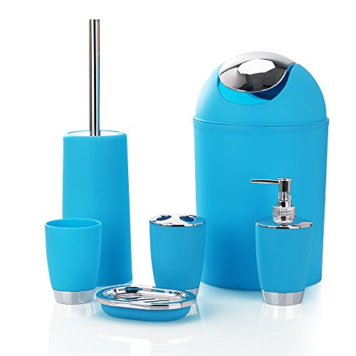 0723120991576 - TOP HOME DEC 6 PIECE BATHROOM ACCESSORY SET - LOTION BOTTLES/TOOTHBRUSH HOLDER/TOOTH MUG/SOAP DISH/TOILET BRUSH/TRASH CAN -TRENDY PLASTIC BLUE SILVER