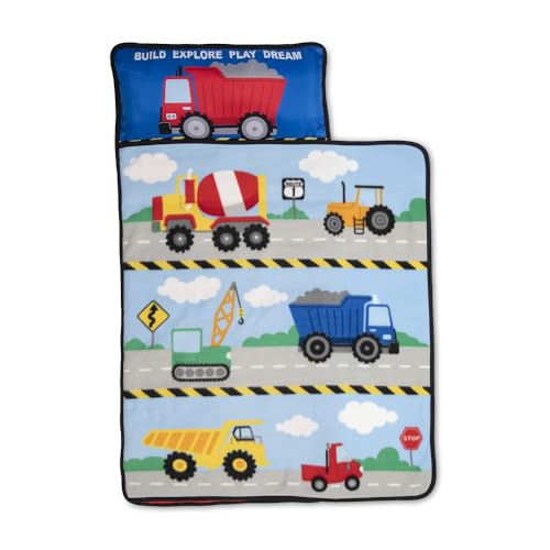 0723393001699 - FUNHOUSE CONSTRUCTION AREA TRUCKS KIDS NAP MAT SET – INCLUDES REMOVABLE PILLOW AND FLEECE BLANKET – GREAT FOR BOYS NAPPING DURING DAYCARE OR PRESCHOOL - FITS TODDLERS, BLUE