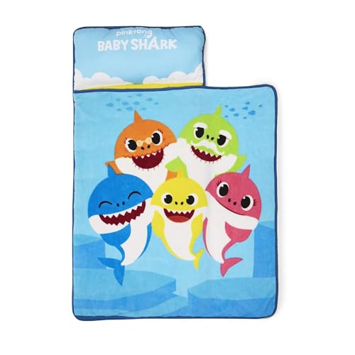 0723393001705 - BABY SHARK TODDLER NAP MAT - INCLUDES REMOVABLE PILLOW AND PLUSH BLANKET – GREAT FOR BOYS AND GIRLS NAPPING AT DAYCARE, PRESCHOOL, OR KINDERGARTEN - FITS SLEEPING TODDLERS AND YOUNG CHILDREN, BLUE