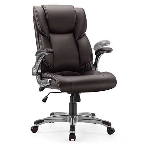 0723497727891 - OFFICE CHAIR HOME ERGONOMIC COMPUTER HIGHT BACK EXECUTIVE DESK CHAIRS, ADJUSTABLE HEIGHT FLIP-UP ARMREST LUMBAR SUPPORT AND TILT SWIVEL ROCKING PU LEATHER CHAIRS WITH WHEELS BROWN