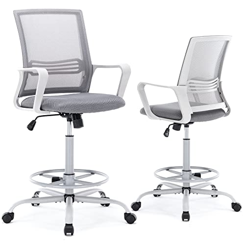 0723497728096 - DRAFTING CHAIR, TALL OFFICE CHAIR WITH ADJUSTABLE FOOT RING, STANDING DESK CHAIR WITH ERGONOMIC LUMBAR SUPPORT AND ADJUSTABLE ARMRESTS, SWIVEL ROLLING TALL CHAIR, BREATHABLE MESH, HEIGHT ADJUSTABLE