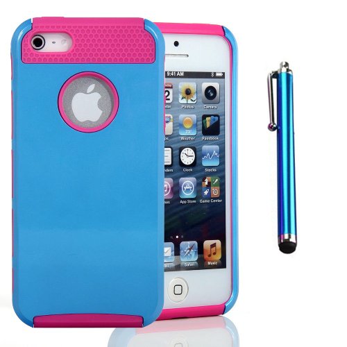 0723794634090 - SHOCKPROOF HYBRID HEAVY DUTY RUGGED HARD CASE COVER SKIN FOR IPHONE 5 / 5S BLUE/PINK +FREE STYLUS PEN