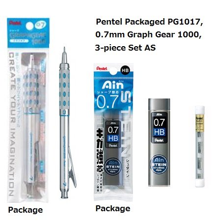 0723800196888 - PENTEL 3-PIECE SET AS, PACKAGED PG1017, 0.7MM GRAPH GEAR 1000 MECHANICAL DRAFTING PENCIL BLUE + PENTEL PACKAGED AIN STEIN, 0.7 MM, HB FOR PG1017, TUBE OF 40PCS (XC277-HB) + PENTEL ERASER REFILL FOR GRAPH GEAR 1000 (Z2-1N) PACK OF 4, 1 EACH