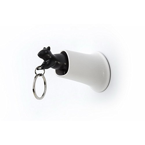 0724696528234 - SQUIRREL KEYRING AND WALL MOUNTED KEY HOLDER SET BY QUALY DESIGN STUDIO. WHITE COLOR HOLLOW-HOUSE AND BLACK SQUIRREL. COOL HOME DECOR GIFT.