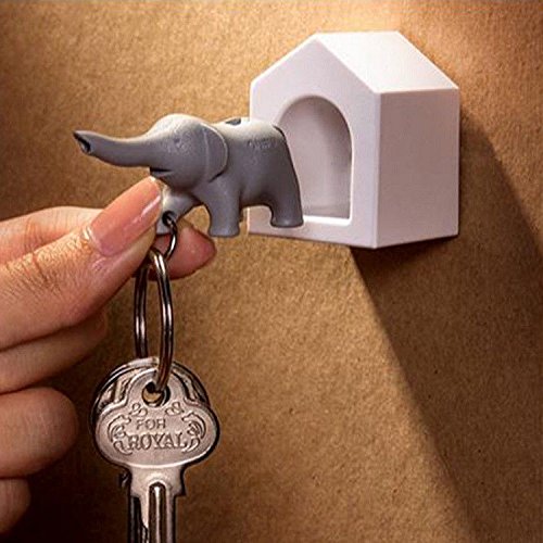 0724696528302 - ELEPHANT WALL KEY HOLDER BY QUALY DESIGN STUDIO. WHITE COLOR ELEPHANT HOME AND GREY ELEPHANT KEY FOB. COOL HOME DESIGN ITEM. UNUSUAL GIFT.