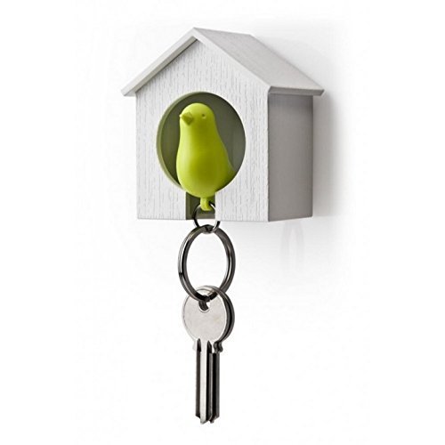 0724696528401 - SPARROW KEY RING BY QUALY DESIGN STUDIO. COOL WALL DECORATION - NICE AND PRACTICAL WALL MOUNTED KEYHOLDER AND KEYRING. UNUSUAL GIFT. WHITE BIRDHOUSE AND GREEN BIRD KEYCHAIN.