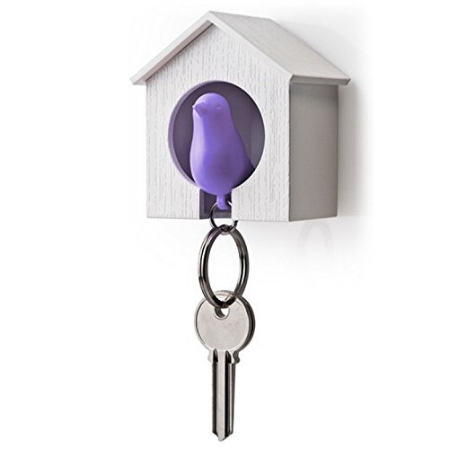 0724696528418 - SPARROW KEY RING BY QUALY DESIGN STUDIO. COOL WALL DECORATION - NICE AND PRACTICAL WALL MOUNTED KEYHOLDER AND KEYRING. UNUSUAL GIFT. WHITE BIRDHOUSE AND PURPLE BIRD KEYCHAIN.