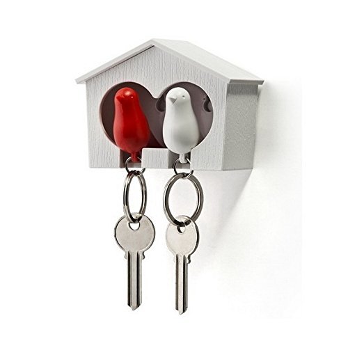 0724696528449 - DUO SPARROW KEY HOLDER BY QUALY DESIGN. WALL MOUNTED BIRD HOUSE AND TWO BIRD KEY FOBS. GREAT KEY HOOK FOR COUPLE. COOL GIFT FOR HER AND HIM. WHITE BIRDHOUSE. WHITE AND RED KEYRING BIRDS.