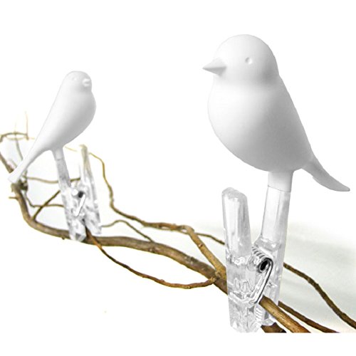 0724696528593 - DECORATIVE CLOTHESPINS PEG SPARROW BY QUALY DESIGN STUDIO. WHITE COLOR CLOTH PEGS. SET OF 4 CLEAR PEGS, 2 PEGS WITH SPARROW BIRDS AND 2 PLAIN PEGS.