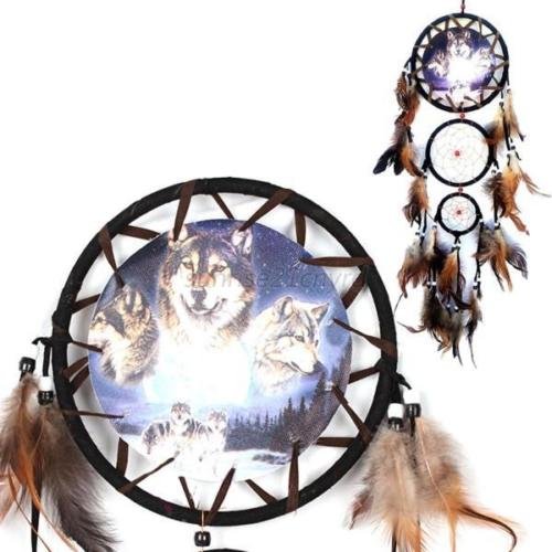 0724884139532 - DREAM CATCHER WITH FEATHERS WALL HANGING DECORATION ORNAMENT-WOLF DREAMCATCHER