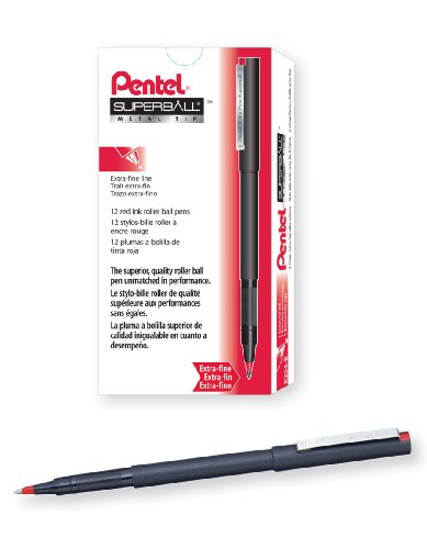 0072512001165 - PENTEL SUPERBALL ROLLER BALL PEN, METAL TIP EXTRA-FINE LINE, RED INK, BOX OF 12 (R204-B)