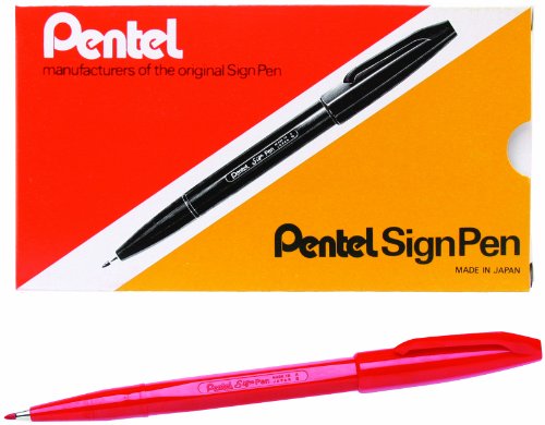 0072512100202 - PENTEL(R) SIGN PENS(R), FINE POINT, RED BARREL, RED INK, PACK OF 12