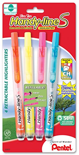 0072512228746 - PENTEL HANDY-LINE S RETRACTABLE HIGHLIGHTER, CHISEL TIP, ASSORTED INK COLORS, 4 PACK (SXS15BP4M)