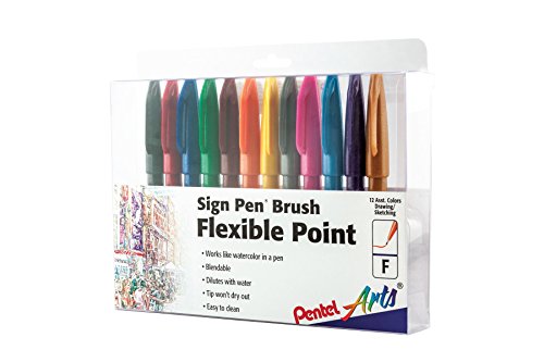 0072512261583 - PENTEL ARTS SIGN PEN BRUSH TIP, 12 ASSORTED COLORS IN MARKER STAND (SES15CPC12)