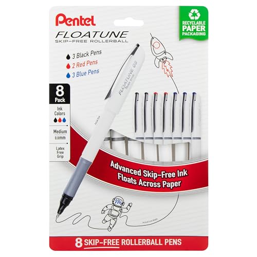 0072512288115 - PENTEL FLOATUNE ROLLERBALL, 0.8MM MEDIUM POINT, BLACK RED AND BLUE INK, PACK OF 8 PENS (BY108PF8OFC)