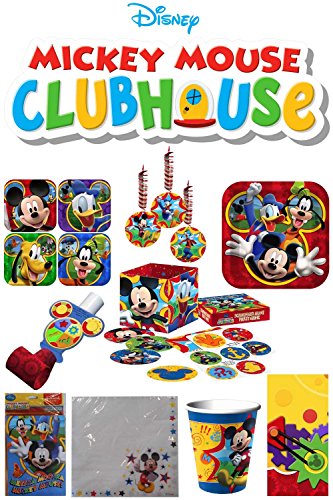 0725185125118 - MICKEY MOUSE PARTY PACK - LUNCH AND DESSERT PLATES - LUNCH NAPKINS - CUPS - PLASTIC TABLECOVER - SCAVENGER HUNT GAME - 6 HANGING DECORATIONS - 8 BLOW OUTS AND 8 INVITATIONS